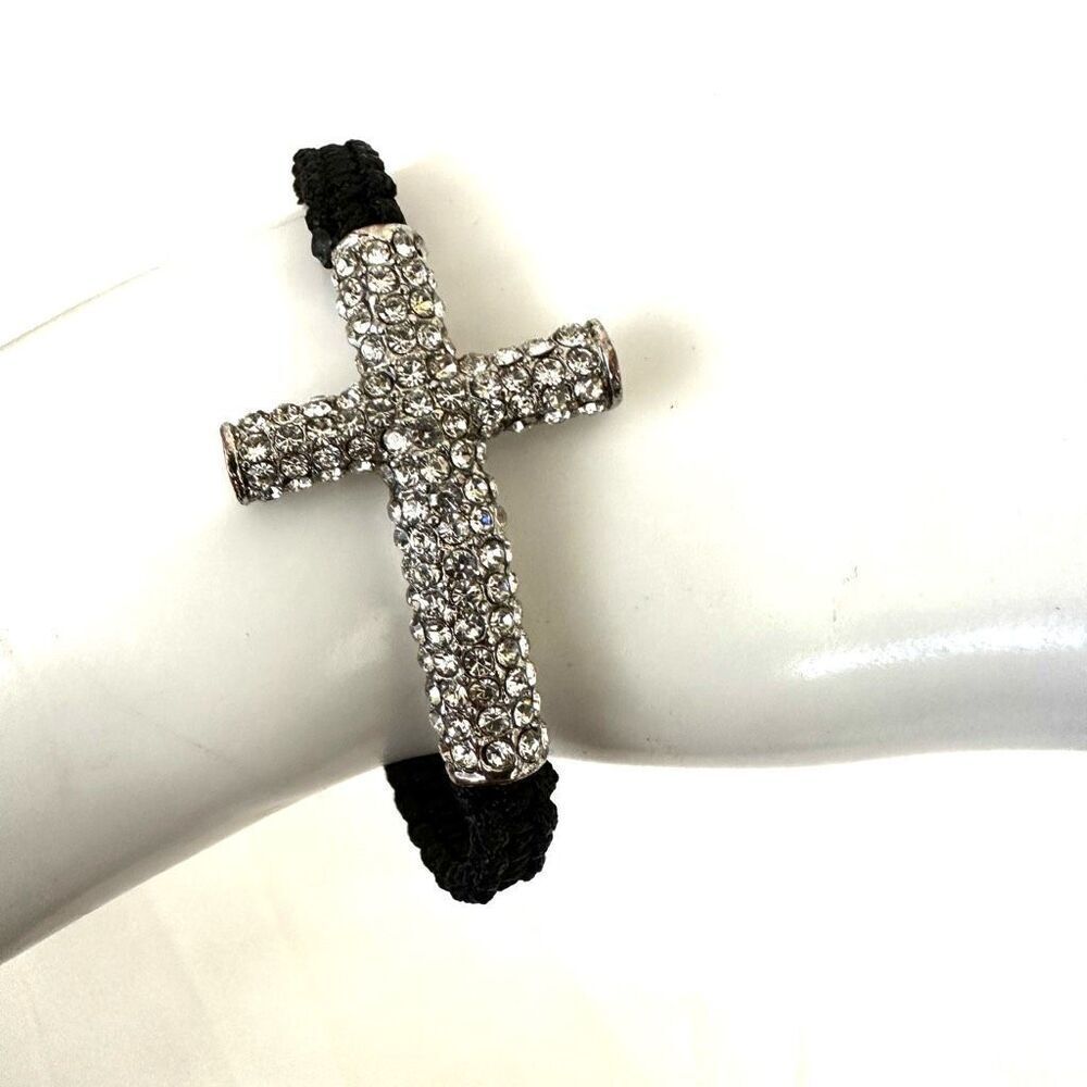 Rhinestone cross black cord adjustable bracelet